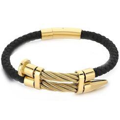 ***COI Titanium Black/Gold Tone/Silver Genuine Leather Bracelet With Steel Clasp(Length: 8.46 inches)-01897AA