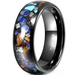 ***COI Black Tungsten Carbide Meteorite Wood Abalone Shell Turquoise Crushed Opal Dome Court Ring-01902AA