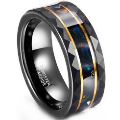 ***COI Tungsten Carbide Black Gold Tone Double Grooves Faceted Abalone Shell & Meteorite Ring-01903AA