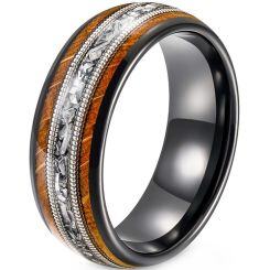 ***COI Tungsten Carbide Black Silver Wire Koa Wood & Meteorite Ring-01906AA