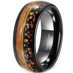 ***COI Tungsten Carbide Black Gold Tone Wire Ring With Koa Wood & Dinosaur Bone-01910AA