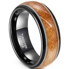 ***COI Tungsten Carbide Black Silver Wire Ring With Koa Wood-01914AA