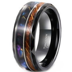 ***COI Tungsten Carbide Black Silver Wire Ring With Abalone Shell & Koa Wood-01917AA