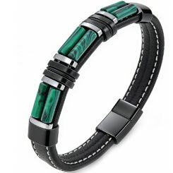 ***COI Titanium Black Silver Green Malachite/Tiger Eye Genuine Leather Bracelet With Steel Clasp(Length: 8.27 inches)-01951AA