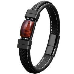 ***COI Black Titanium Red Tiger Eye Genuine Leather Bracelet With Steel Clasp(Length: 9.06 inches)-01952AA