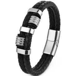 ***COI Titanium Black/Gold Tone/Silver Genuine Leather Bracelet With Steel Clasp(Length: 9.06 inches)-01968AA