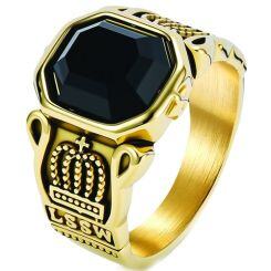 ***COI Titanium Black/Gold Tone/Silver Crown Ring With Black Onyx-01973AA