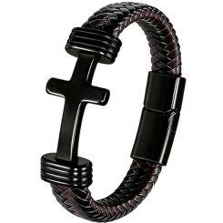 ***COI Titanium Black/Gold Tone/Silver Cross Genuine Leather Bracelet With Steel Clasp(Length: 9.06 inches)-01979AA