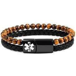 ***COI Black Titanium Medical Alert Tiger Eye Genuine Leather Bracelet With Steel Clasp(Length: 8.27 inches)-02006AA