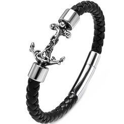 ***COI Titanium Anchor Genuine Leather Bracelet With Steel Clasp(Length: 8.27 inches)-02007AA