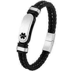 ***COI Titanium Black/Silver/Gold Tone Medical Alert Genuine Leather Bracelet With Steel Clasp(Length: 8.27 inches)-02022AA