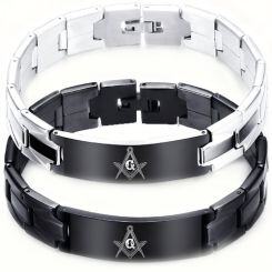 ***COI Titanium Black Silver/Black Masonic Freemason Bracelet With Steel Clasp(Length: 7.87 inches)-02040AA