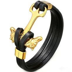 ***COI Gold Tone Titanium Anchor Genuine Leather Bracelet With Steel Clasp(Length: 8.66 inches)-02041AA