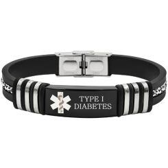***COI Titanium Black Silver Medical Alert Custom Engraving Rubber Bracelet With Steel Clasp(Length: 8.27 inches)-02044AA