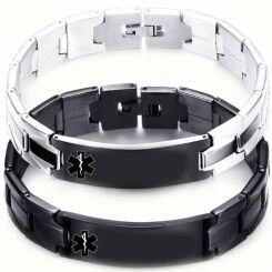 ***COI Titanium Black Silver/Black Medical Alert Bracelet With Steel Clasp(Length: 7.87 inches)-02045AA