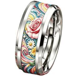 ****COI Titanium Rainbow Pride Floral Beveled Edges Ring-02054A