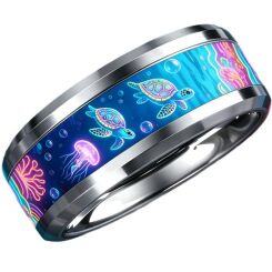 ****COI Titanium Turtles Jellyfish Sea Coral Beveled Edges Ring-02064AA