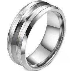 ****COI Titanium Black Silver/Silver Center Groove Beveled Edges Ring-02085AA