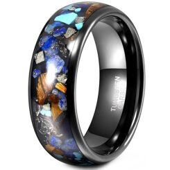 ****COI Black Tungsten Carbide Meteorite Crushed Opal Koa Wood Turquoise Dome Court Ring-02101AA
