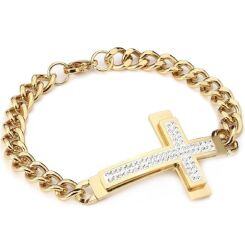 ****COI Titanium Gold Tone/Silver Cross Cubic Zirconia Bracelet With Steel Clasp(Length: 8.27 inches)-02114AA
