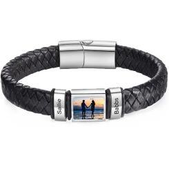 ****COI Titanium Black/Silver Custom Photo & Names Engraving Genuine Leather Bracelet With Steel Clasp(Length: 8.27 inches)-02116AA