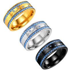 ****COI Titanium Black/Gold Tone/Silver Ring With Created Blue Topaz-02123AA