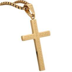 ****COI Titanium Black/Gold Tone/Silver Greek Key Pattern Cross Pendant-02128AA