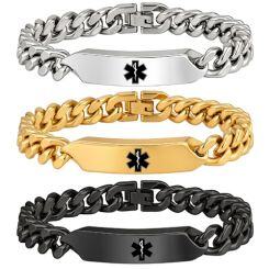 ****COI Titanium Black/Gold Tone/Silver Medical Alert Bracelet With Steel Clasp(Length: 8.27 inches)-02149AA