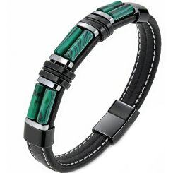 ****COI Titanium Black Silver Green Malachite/Tiger Eye Genuine Leather Bracelet With Steel Clasp(Length: 9.06 inches)-02158AA