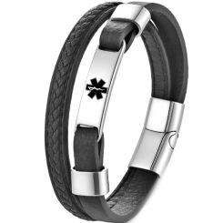 ****COI Titanium Black Silver Medical Alert Genuine Leather Bracelet With Steel Clasp(Length: 8.27 inches)-02159AA