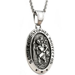 ****COI Titanium Black Silver Saint Christopher Protect Us Pendant-02169AA