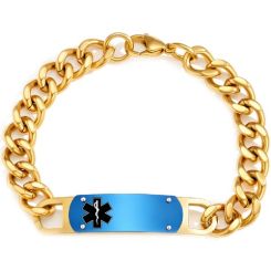 ****COI Titanium Blue Gold Tone Medical Alert  Bracelet With Steel Clasp(Length: 7.87 inches)-02178AA
