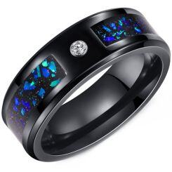 ****COI Black Tungsten Carbide Cubic Zirconia Ring With Meteorite & Crushed Opal-02185AA