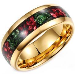 ****COI Gold Tone Tungsten Carbide Meteorite Ring With Created Red Ruby & Green Emerald-02186AA