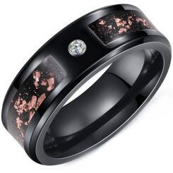 ****COI Black Tungsten Carbide Cubic Zirconia Ring With Meteorite & Rose Gold Foil-02188AA