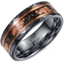 ****COI Tungsten Carbide Black Rose Double Grooves Meteorite & Rose Gold Foil Faceted Ring-02196A