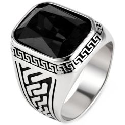 ****COI Titanium Greek Key Pattern Ring With Black Onyx/Created Red Ruby/Green Emerald-02207AA