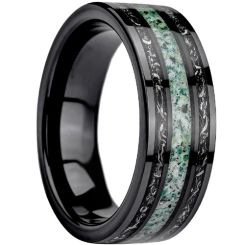 ****COI Black Tungsten Carbide Meteorite & Green Malachite Ring-02260AA