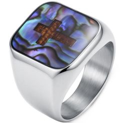 ****COI Titanium Black/Gold Tone/Silver Koa Wood & Abalone Shell Ring-02268AA