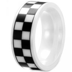 COI White Ceramic Checkered Flag Pipe Cut Flat Ring-TG1296