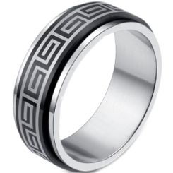 COI Tungsten Carbide Black Silver Greek Key Beveled Edges Ring-2246