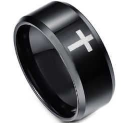 **COI Black Titanium Cross Beveled Edges Ring-3537