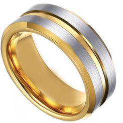 COI Titanium Gold Tone Silver Center Groove Ring-4475