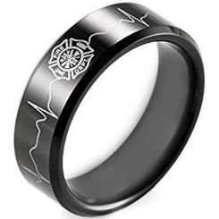 COI Black Titanium Firefighter Heartbeat Beveled Edges Ring-3901