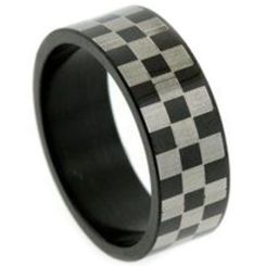 COI Tungsten Carbide Black Silver Checkered Flag Pipe Cut Flat Ring-TG5256