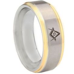 COI Tungsten Carbide Gold Tone Silver Masonic Step Edges Ring-5442