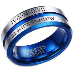 COI Tungsten Carbide Blue Silver Center Groove Ring With Custom Roman Numerals-5454
