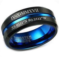 COI Tungsten Carbide Black Blue Center Groove Ring With Custom Roman Numerals-5455