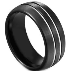 COI Tungsten Carbide Black Silver Double Grooves Dome Court Ring-5590
