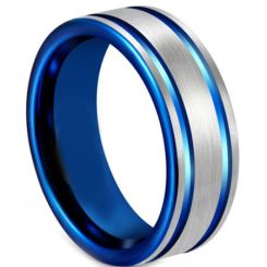 COI Tungsten Carbide Blue Silver Double Grooves Ring-5611